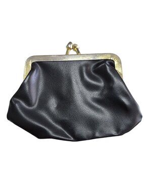Vintage Black Faux Leather Coin Purse With Gold-Tone Frame & Kiss Lock Clasp